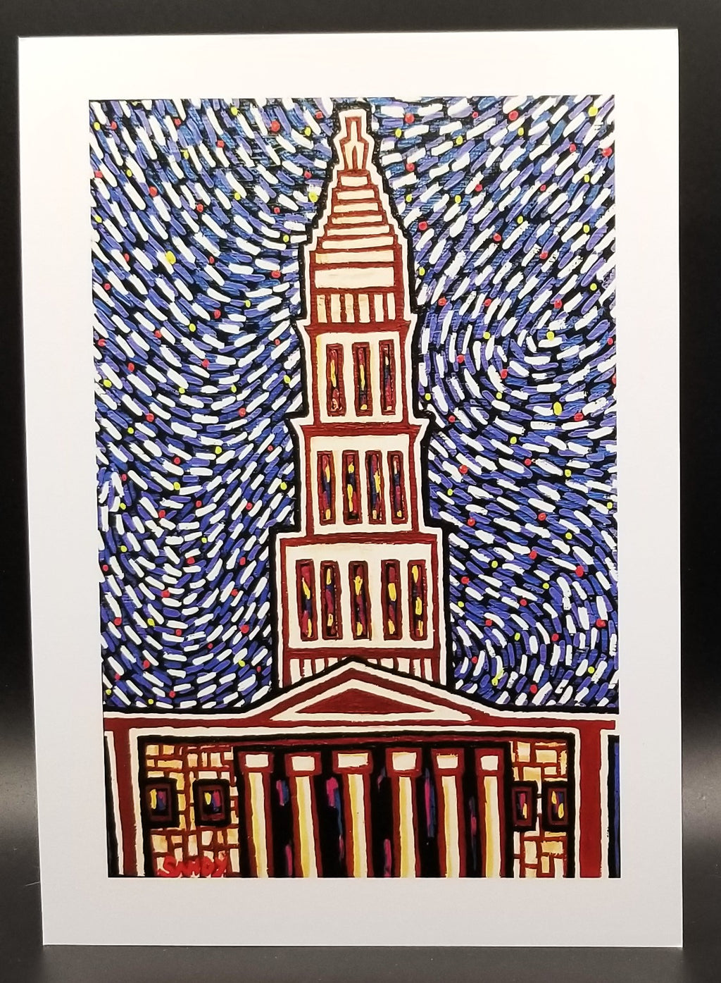 Colorful abstract art print of the Masonic Temple in Old Town Alexandria with a 1 inch white border.