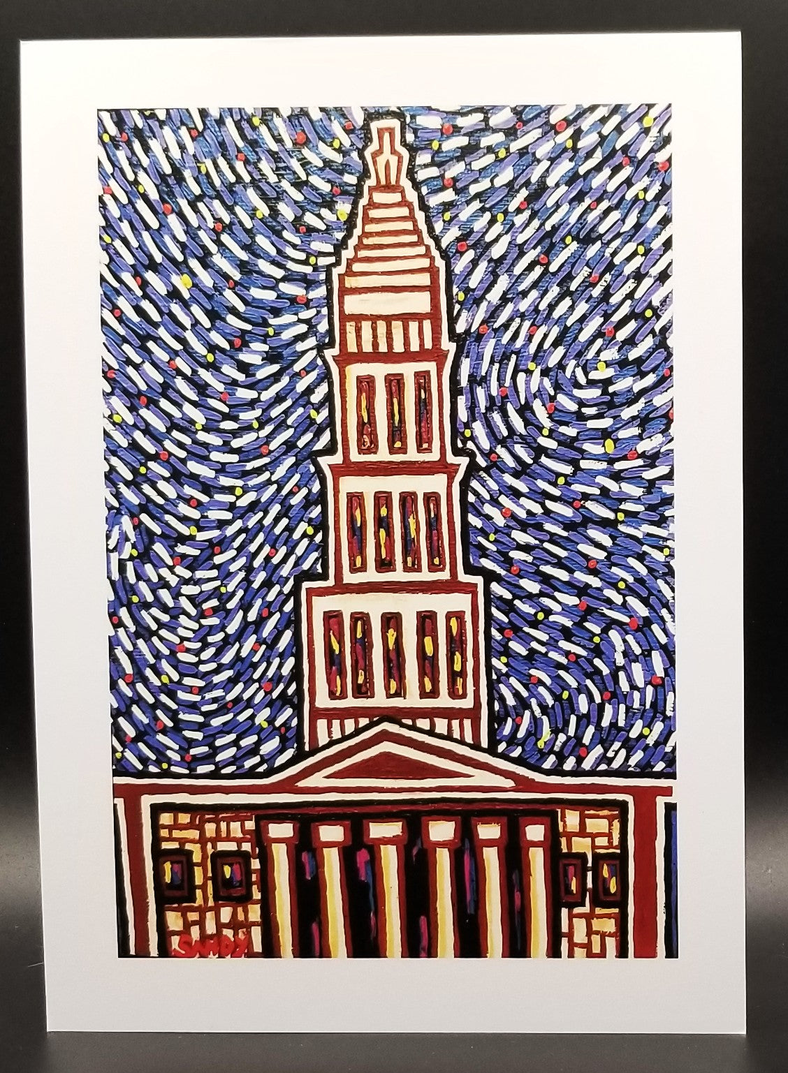 Colorful abstract art print of the Masonic Temple in Old Town Alexandria with a 1 inch white border.